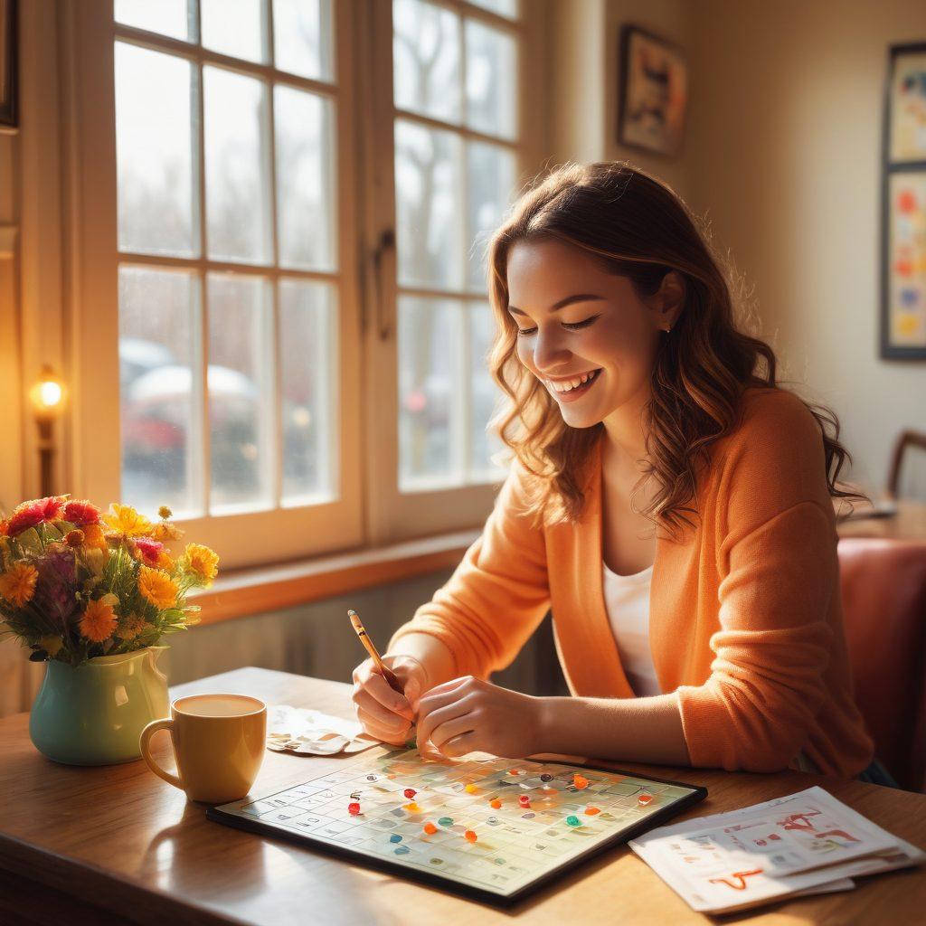 A vibrant illustration of a person joyfully solving a Sudoku puzzle at a cozy café, surrounded by whimsical elements like floating colorful numbers and cheerful musical notes. Include a warm cup of coffee on the table and sunlight streaming through a window, creating a cheerful atmosphere. The person should have an expression of concentration mixed with delight. cartoonish style. vibrant colors. soft focus.