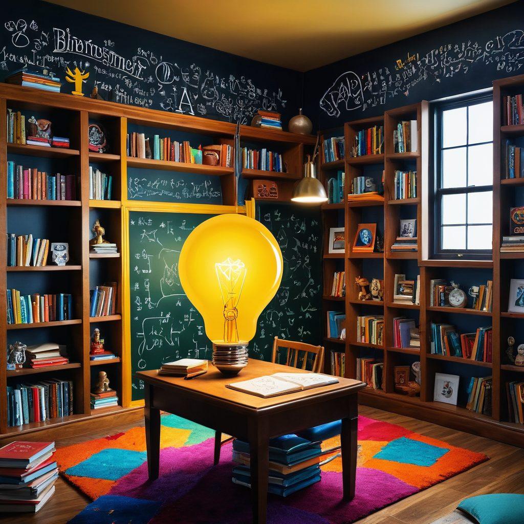 A whimsical, colorful illustration of people joyfully solving number puzzles and brain teasers in a cozy room filled with books and vibrant decor. The backdrop features a chalkboard filled with mathematical equations and playful numbers dancing around, symbolizing fun and challenge. Include a gleaming lightbulb above them to represent the 'aha' moments of insight. The atmosphere is warm and inviting, capturing the essence of unlocking contentment through puzzles. cartoon style. vibrant colors.